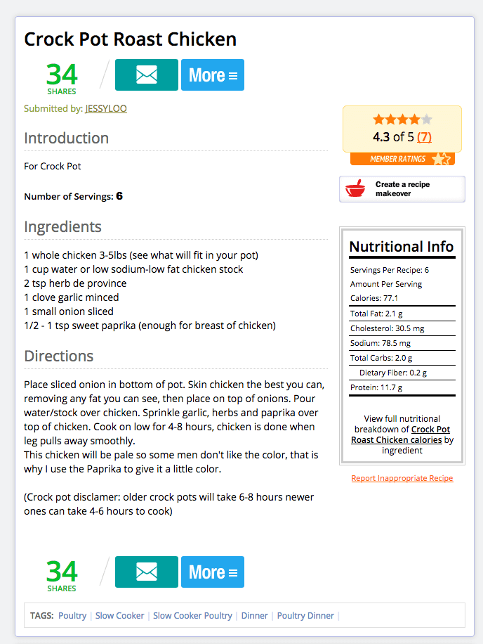 Crock Pot Roast Chicken, Spark Recipes, submitted by JESSYLOO