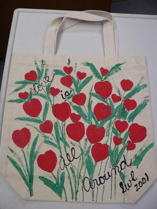 "Love is All Around," Hand-Painted Tote Bag by Linda Lewis